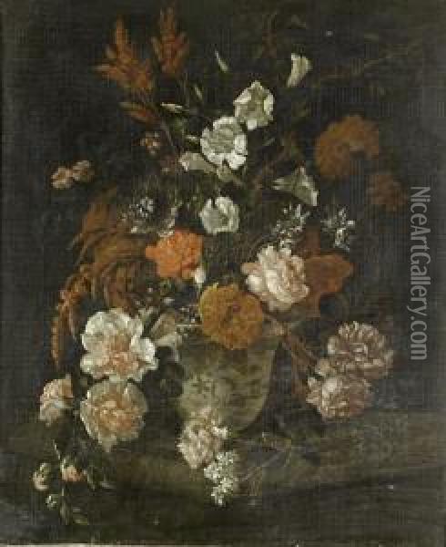 Roses, Carnations, Convolvulus And Other Flowers In A Porcelain Vase On A Stone Ledge Oil Painting - Philip Van Kouwenbergh