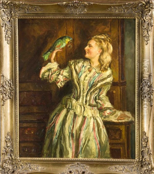 Madchen In Uppigem Kleid Mit Papagei Auf Der Hand Oil Painting - Wilhelm Hempfing