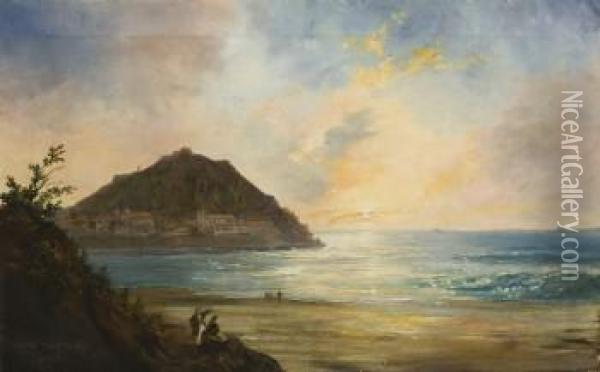 Vista De La Bahia De La Concha Y Al Fondo Monte Igueldo. San Sebastian Oil Painting - Antonio De Brugada Vila