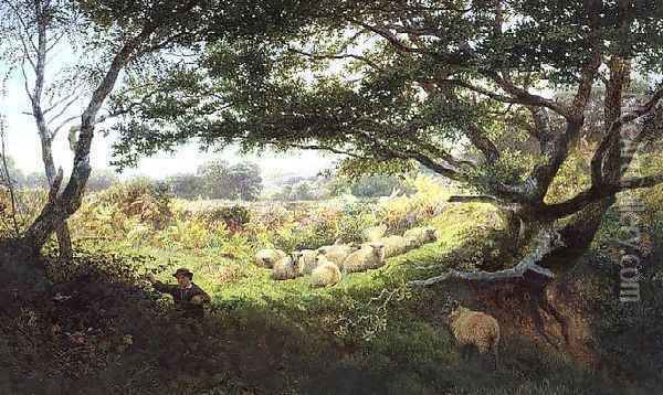 A Shepherd Boy and Flock of Sheep Oil Painting - George Shalders