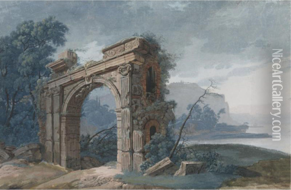 Italianate River Landscape With A Ruined Arch Oil Painting - Jean-Pierr Houel