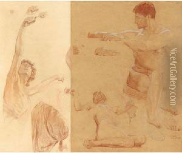 Study Of A Man With Raised Arms 
And A Study For Prometheus And Athena Creating Man: Two Works Oil Painting - Otto Greiner