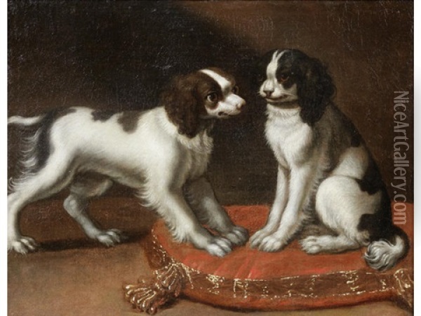 Two Spaniels On A Cushion Oil Painting - Raymond Le Vieux