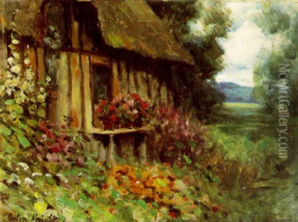 Flowers By A Cottage Oil Painting - Louis Aston Knight