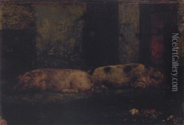 Two Sleeping Pigs Oil Painting - Jan van Beers