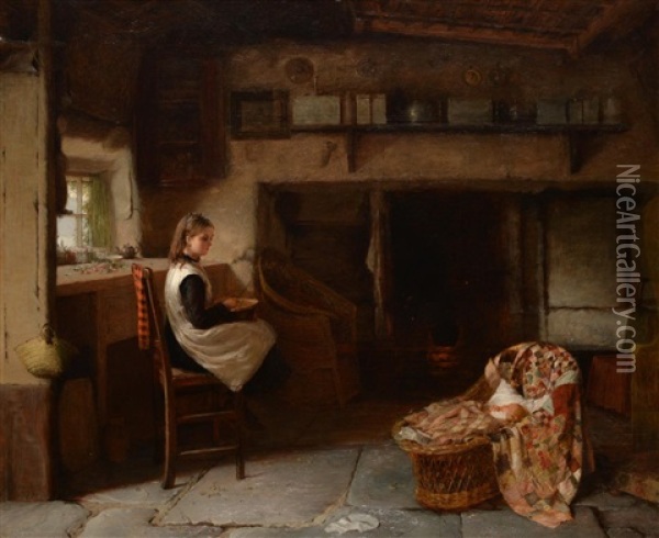 A Young Girl Preparing Vegetables In A Cottage Interior Whilst Minding The Baby Oil Painting - Harry Brooker