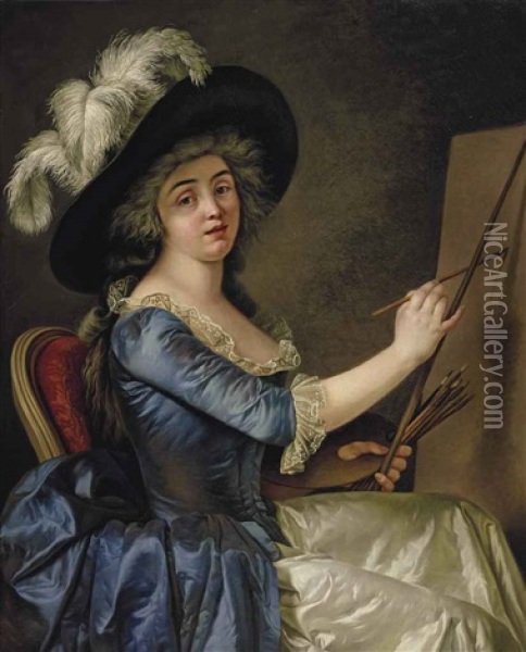Portrait Of A Female Painter A Her Easel, Quarter-length, In A Blue Dress With A Brown Hat Oil Painting - Adelaide Labille-Guiard