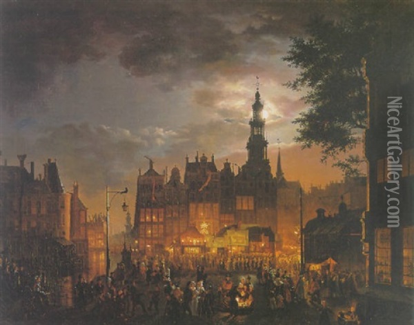 A Festival In Amsterdam By Night Oil Painting - Petrus van Schendel
