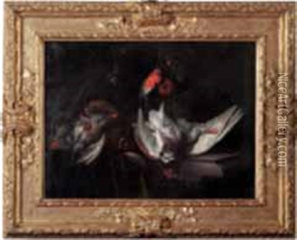 Trophee De Chasse Sur Un Entablement, Becasses, Bouvreuils Et Poule Faisane Oil Painting - William Gowe Ferguson