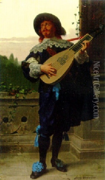 A Young Man Playing A Mandolin Oil Painting - Franz Meyerheim
