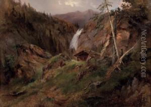 Wasserfall Mit Berghutte Oil Painting - Karl Franz Emanuel Haunold