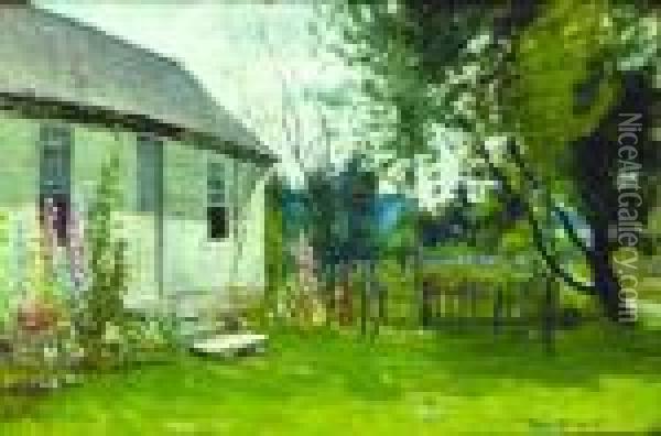 Summer Cottage With Hollyhocks Oil Painting - John Joseph Enneking