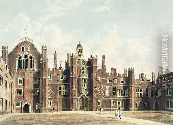 View of the Quadrangle at Hampton Court Palace from Pynes Royal Residences engraved by Thomas Sutherland (b.c.1785), published in 1819 Oil Painting - William Westall