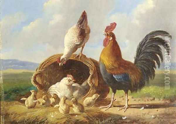A rooster, chickens and chicks in a landscape Oil Painting - Albertus Verhoesen