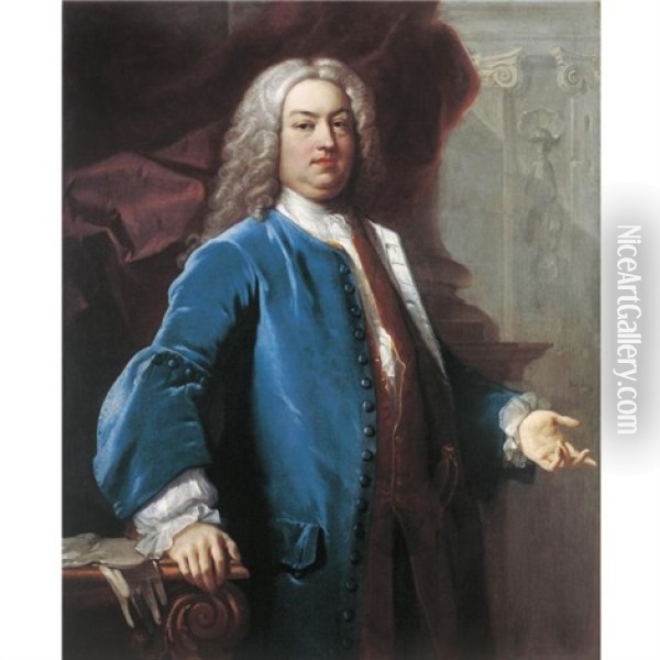 Portrait Of A Gentleman Thought To Be James Howe, Wearing A Powdered Wig And A Blue Velvet Frock-coat, Standing In A Palatial Interior Oil Painting - Jacopo Amigoni