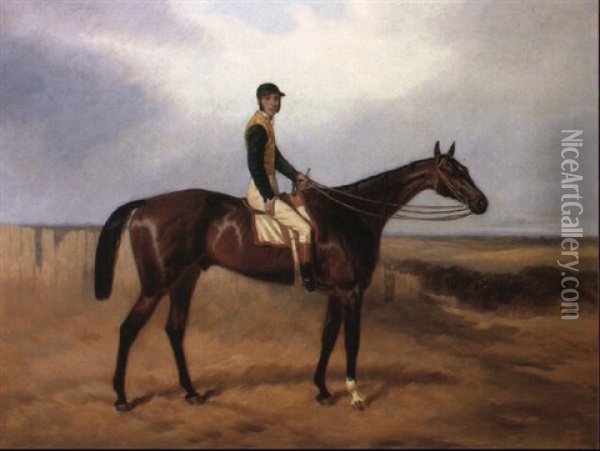Mr. Sylvester's Dark Bay Racehorse With Jockey In An Extensive Landscape Oil Painting - Harry Hall