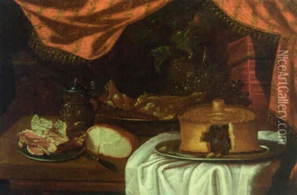A Stoneware Ewer And Various Foods On A Partially Draped Table Oil Painting - Bartolomeo Bettera