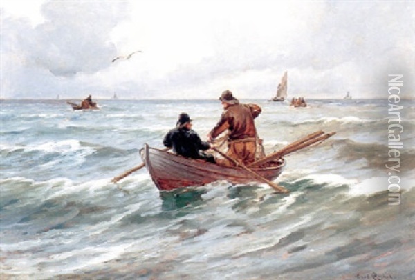 Efter Storm Klarer Det Op, Fiskere Bjerger Deres Redskaber Oil Painting - Carl Ludvig Thilson Locher