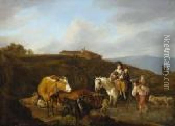 Viehherde Und Reiter In Italienischer Landschaft. Oil Painting - Wilhelm Alexander W. Von Kobell