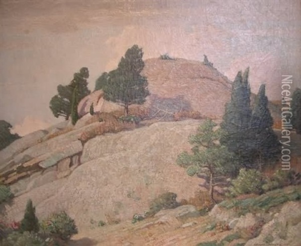 Landscape Featuring A Rocky Outcropping With Pine Trees Oil Painting - Benjamin Osro Eggleston