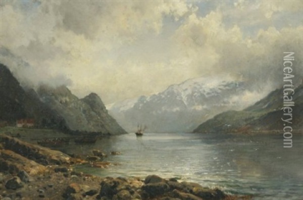 A View Of The Fjord River Oil Painting - Anders Monsen Askevold