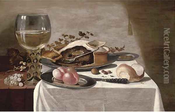 A pie on a pewter plate, a giant roemer, peaches on a pewter plate Oil Painting - Pieter Claesz