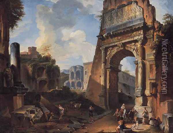 Ideal Landscape with the Titus Arch Oil Painting - Giovanni Paolo Pannini