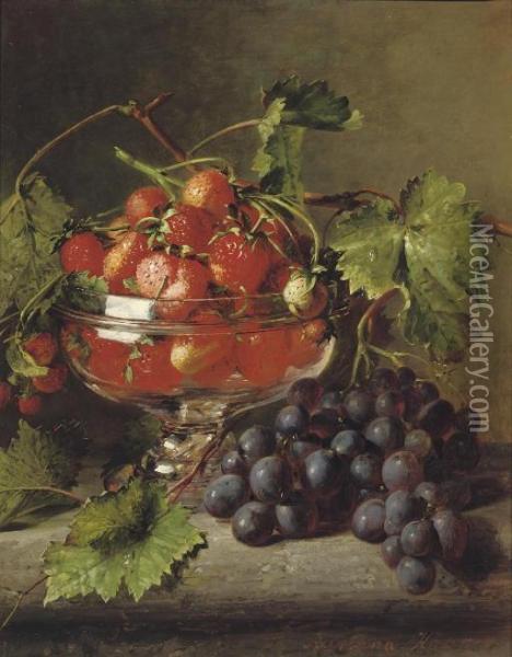 Strawberries In A Glass Bowl With Grapes On A Ledge Oil Painting - Adriana-Johanna Haanen