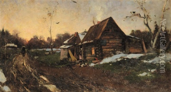 Tramonto, Isba A Michajlovskij Zavod Oil Painting - Aleksandr Alexandrovich Svedomskij
