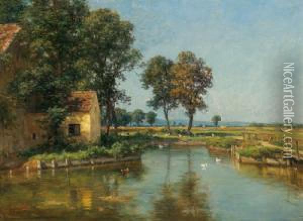 Landschaft Mit Teich Im Vordergrund Oil Painting - Carl Eduard Onken