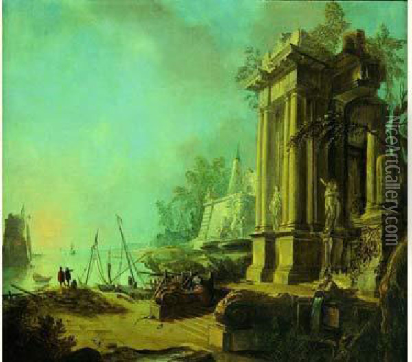 Rivage Mediterraneen Avec Un Palais Baroque Oil Painting - Jacques de Lajoue