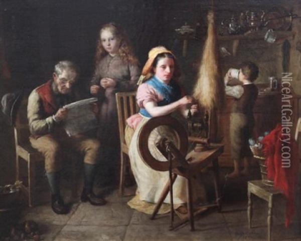 Cottage Interior With Woman Spinning Oil Painting - Hugh Collins