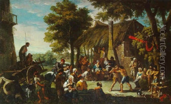 Scene De Lutte Sur La Place D'un Village Dans La Campagne Romaine Oil Painting - Andrea Locatelli