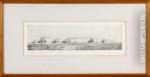 A Wartime Convoy Of Merchant Ships - Drypoint Etching Oil Painting - William Lionel Wyllie