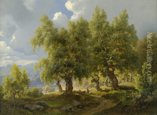 Sommerliche Landschaft Mit Eichenhain Oil Painting - Joachim Frich
