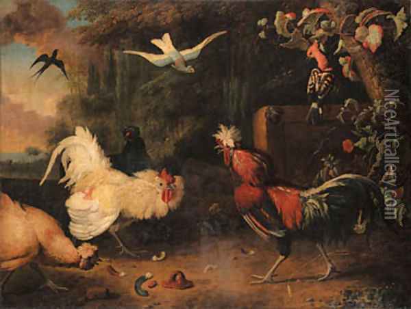 Two cocks fighting, with hens, a swallow and two exotic birds in a wooded landscape Oil Painting - Adriaen van Oolen