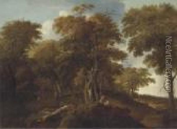 An Extensive Wooded Landscape With Travellers On A Track Oil Painting - Johan Lagoor