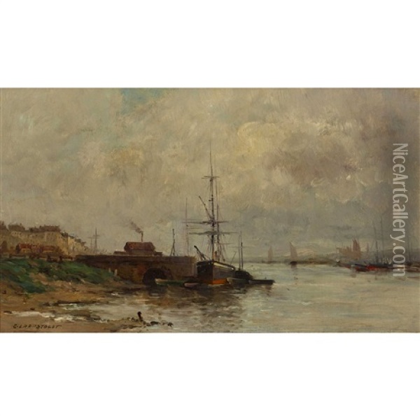 Schiffe Am Flussufer Oil Painting - Charles Lapostolet
