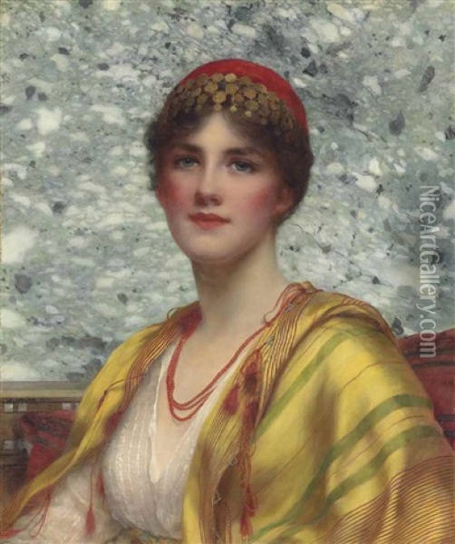 A Classical Maiden, Half-length, In A White Dress With A Golden Shawl Oil Painting - William Clarke Wontner
