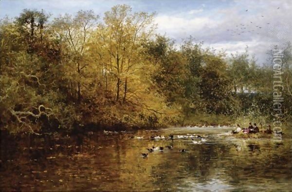 Feeding The Ducks Oil Painting - Benjamin Williams Leader