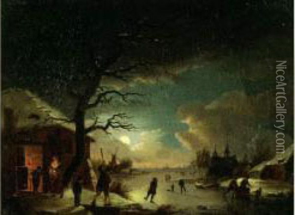 Scene De Patinage Sur Une Riviere Gelee Au Clair De Lune Oil Painting - Pieter Bartholomeusz. Barbiers IV