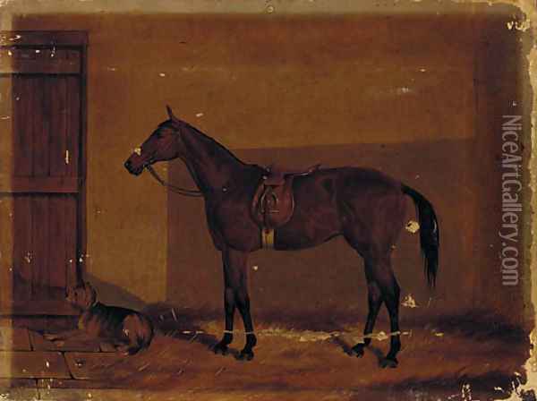 A saddled chestnut hunter with a dog in a stable Oil Painting - Henry Frederick Lucas-Lucas