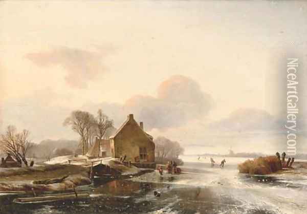 Skaters by a cottage in a Dutch winter landscape Oil Painting - Charles Henri Joseph Leickert