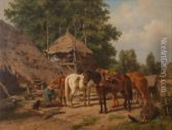 A Timber Yard With Men And Horses At Work Oil Painting - Wouterus Verschuur