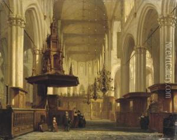 The Pulpit In The Nave Of The Nieuwe Kerk, Amsterdam Oil Painting - Jan Jacob Schenkel