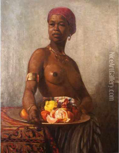 Africaine Au Plat De Fruits Oil Painting - Gaston De Lauverjat