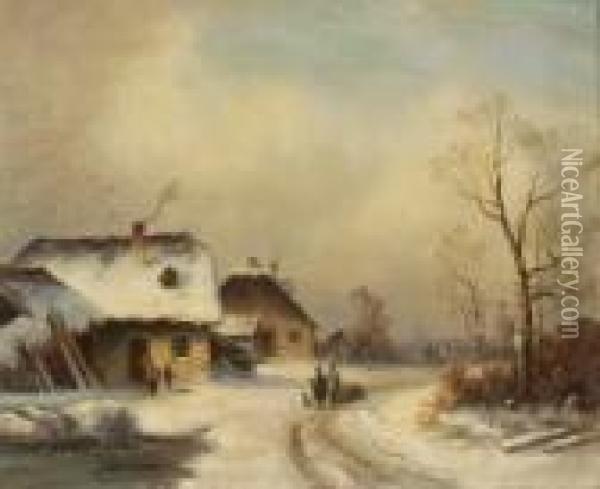 Dorfstrase Im Winter. Oil Painting - Anton Doll