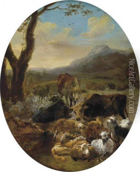 A Wooded Mountainous Landscape 
With Cattle And Sheep At Rest, A Drover Beyond, In A Feigned Oval Oil Painting - Adam Colonia