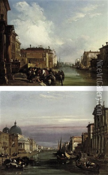 The Grand Canal, Venice, Looking Southwest (+ The Grand Canal, Venice, Looking Northeast; Pair) Oil Painting - Edward Pritchett