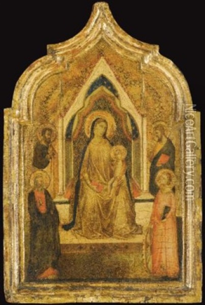 The Madonna And Child Enthroned With Saints (paul?), Bartholomew, An Evangelist (saint Matthew?) And Catherine Of Alexandria (left Shutter Of Diptych) Oil Painting - Bernardo Daddi